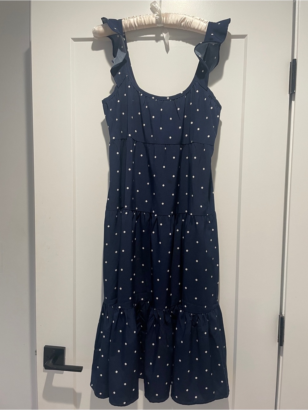Duffield Lane Navy and White Polka Dot Ruffle Strap Dress